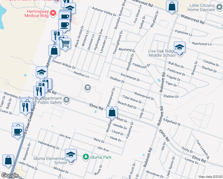 map of restaurants, bars, coffee shops, grocery stores, and more near 4603 Waterproof in Killeen