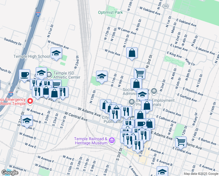 map of restaurants, bars, coffee shops, grocery stores, and more near 518 North 15th Street in Temple