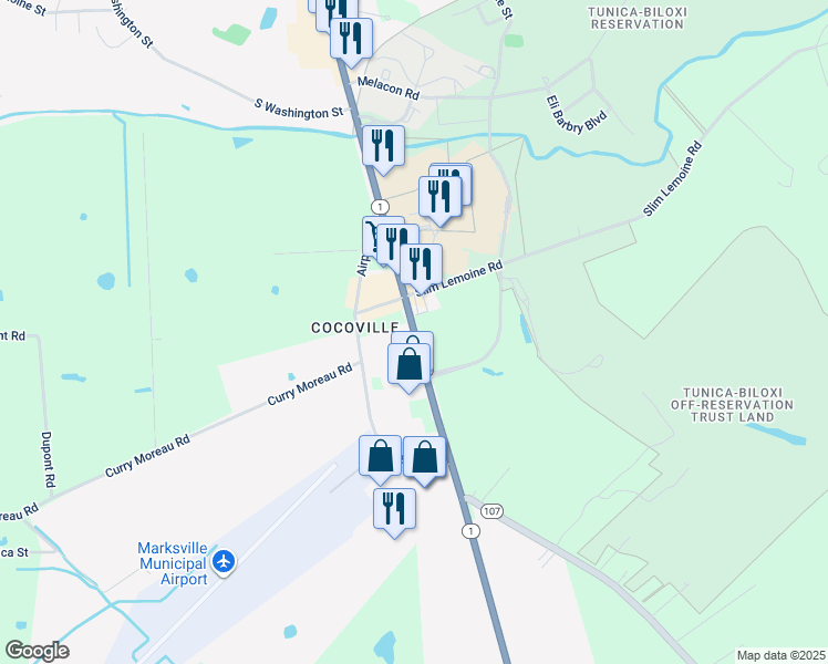 map of restaurants, bars, coffee shops, grocery stores, and more near 7091-7157 Route 1 in Mansura