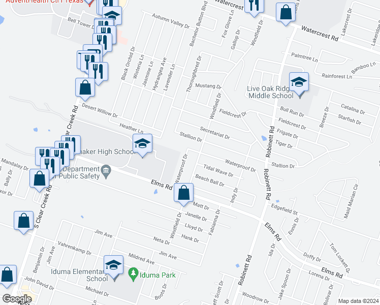 map of restaurants, bars, coffee shops, grocery stores, and more near 3205 Windfield Drive in Killeen