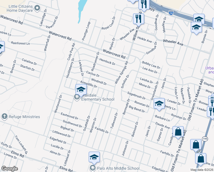 map of restaurants, bars, coffee shops, grocery stores, and more near 2306 Windmill Drive in Killeen