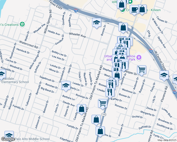 map of restaurants, bars, coffee shops, grocery stores, and more near 1504 Ferndale Drive in Killeen