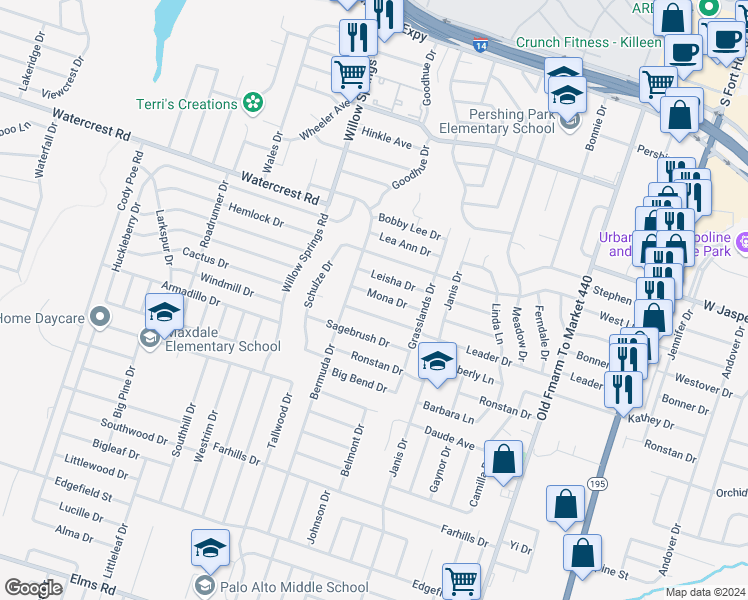 map of restaurants, bars, coffee shops, grocery stores, and more near 1712 Mona Drive in Killeen
