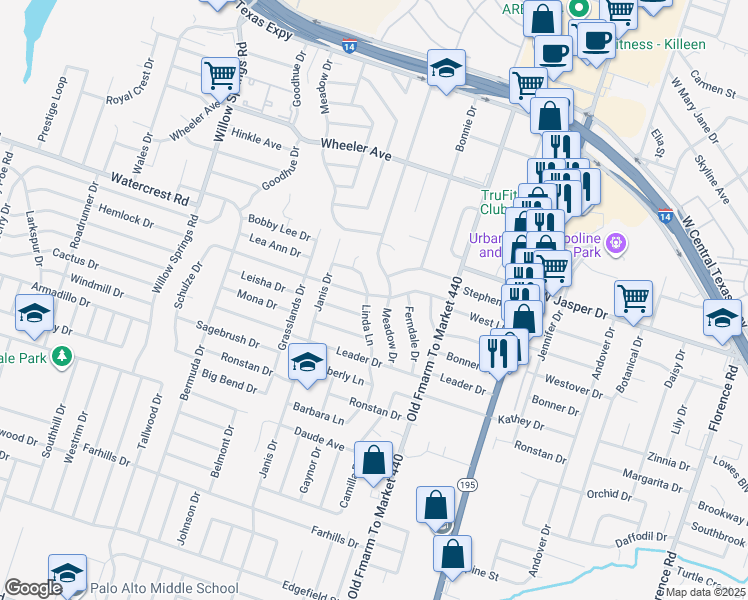 map of restaurants, bars, coffee shops, grocery stores, and more near 1506 Linda Lane in Killeen