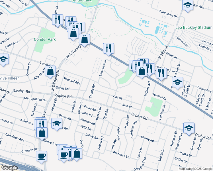 map of restaurants, bars, coffee shops, grocery stores, and more near 2718 Terrace Drive in Killeen