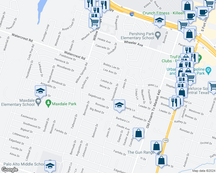 map of restaurants, bars, coffee shops, grocery stores, and more near 1701 Mona Drive in Killeen
