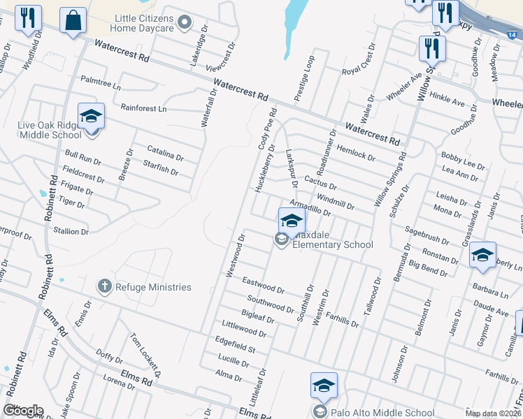 map of restaurants, bars, coffee shops, grocery stores, and more near 2902 Bluejay Drive in Killeen