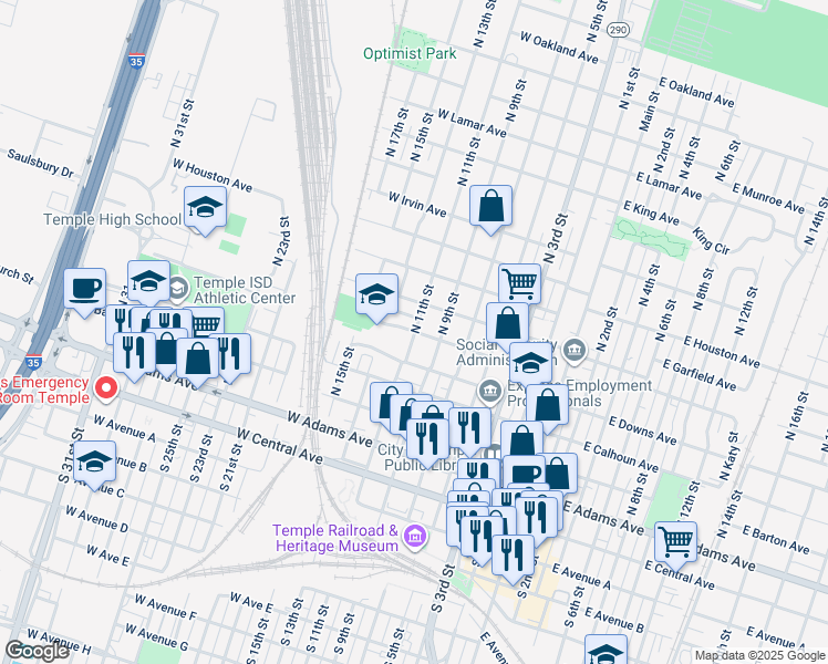 map of restaurants, bars, coffee shops, grocery stores, and more near 518 North 15th Street in Temple
