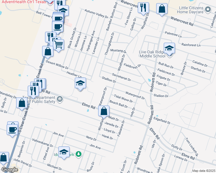 map of restaurants, bars, coffee shops, grocery stores, and more near 4705 Waterproof Drive in Killeen