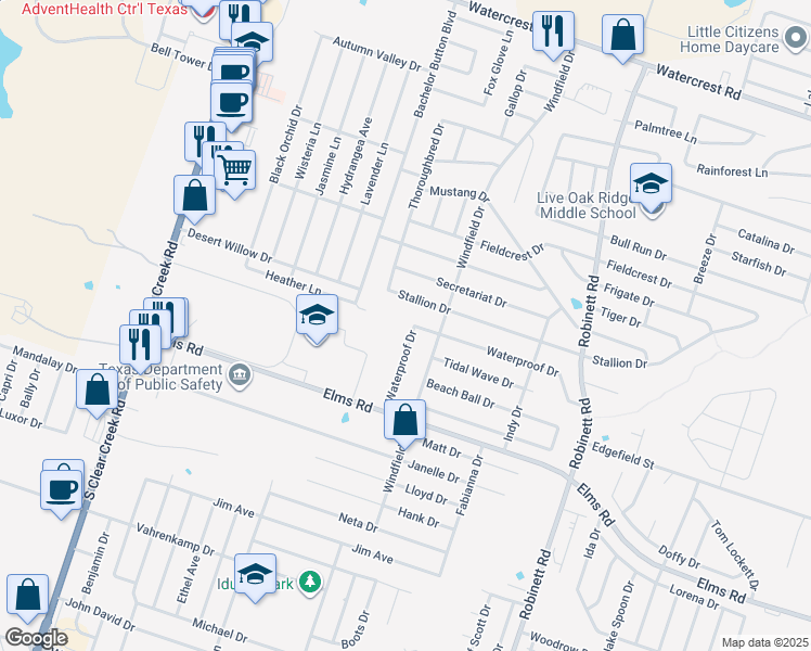 map of restaurants, bars, coffee shops, grocery stores, and more near 3205 Windfield Drive in Killeen