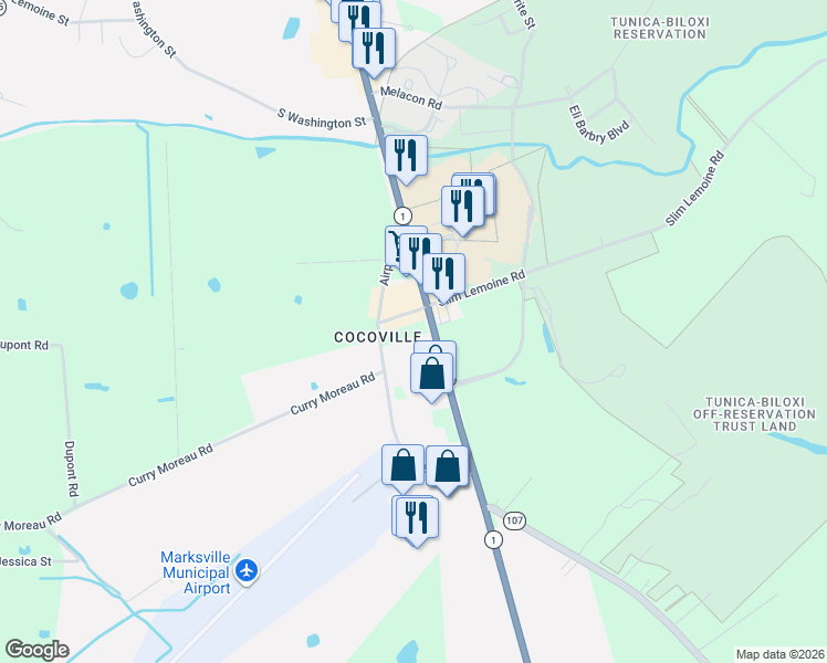 map of restaurants, bars, coffee shops, grocery stores, and more near 6982-7084 Highway 107 in Mansura