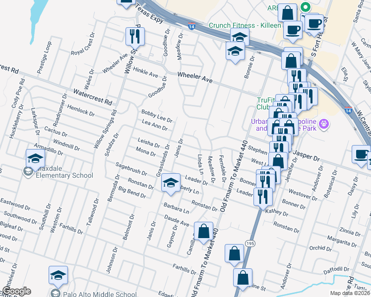 map of restaurants, bars, coffee shops, grocery stores, and more near 1508 McCreary Avenue in Killeen