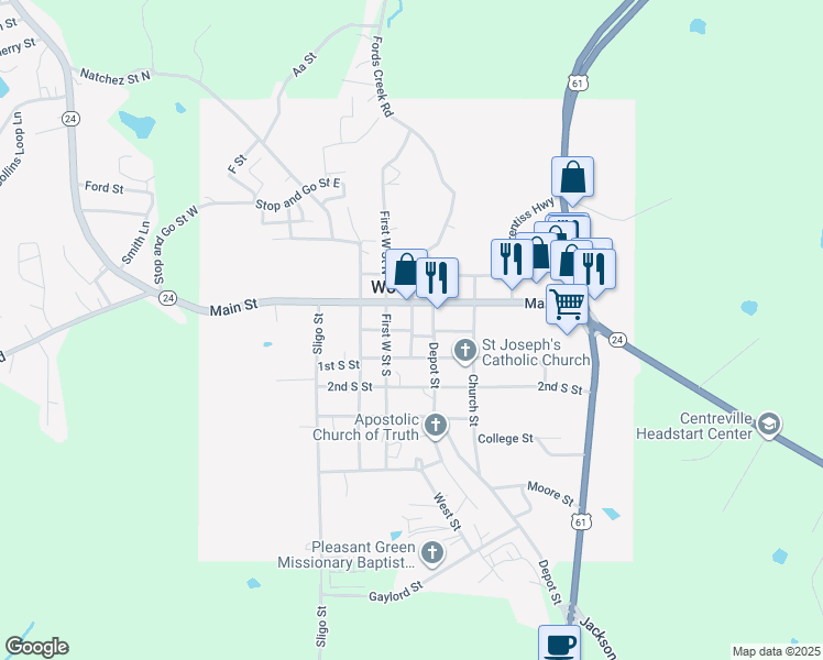 map of restaurants, bars, coffee shops, grocery stores, and more near Bank Street in Woodville