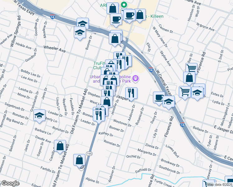 map of restaurants, bars, coffee shops, grocery stores, and more near 1100 West Jasper Drive in Killeen