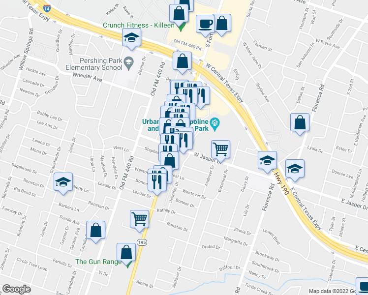 map of restaurants, bars, coffee shops, grocery stores, and more near 2113 Jennifer Drive in Killeen