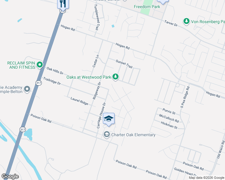 map of restaurants, bars, coffee shops, grocery stores, and more near 1940 Thicket Trail in Temple
