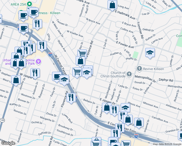 map of restaurants, bars, coffee shops, grocery stores, and more near 205D Lydia Drive in Killeen