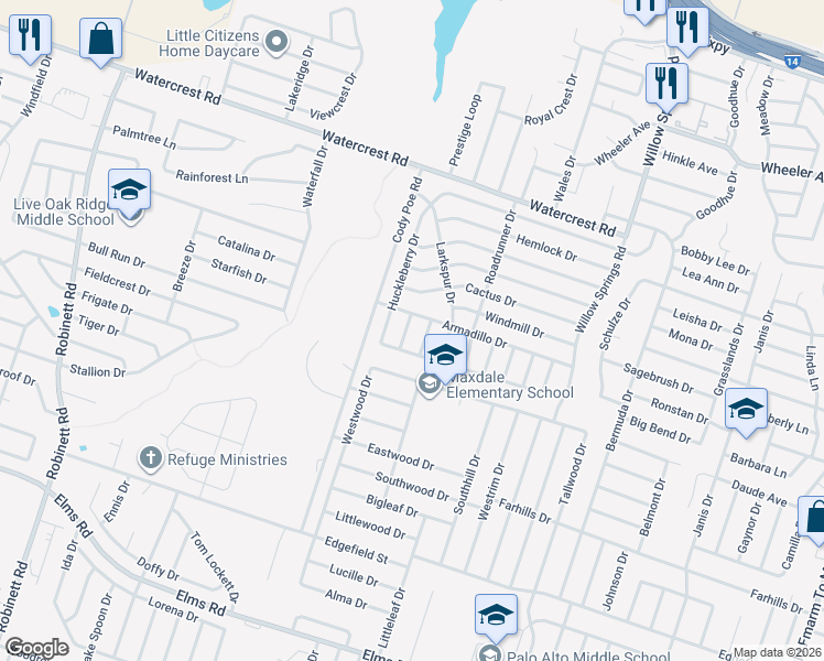 map of restaurants, bars, coffee shops, grocery stores, and more near 2902 Bluejay Drive in Killeen