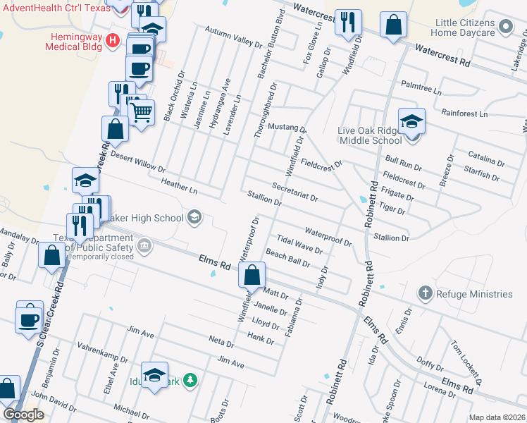 map of restaurants, bars, coffee shops, grocery stores, and more near 3205 Windfield Drive in Killeen