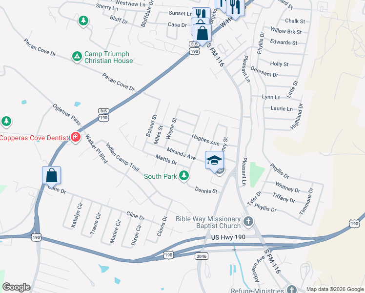 map of restaurants, bars, coffee shops, grocery stores, and more near 1608 Hughes Avenue in Copperas Cove