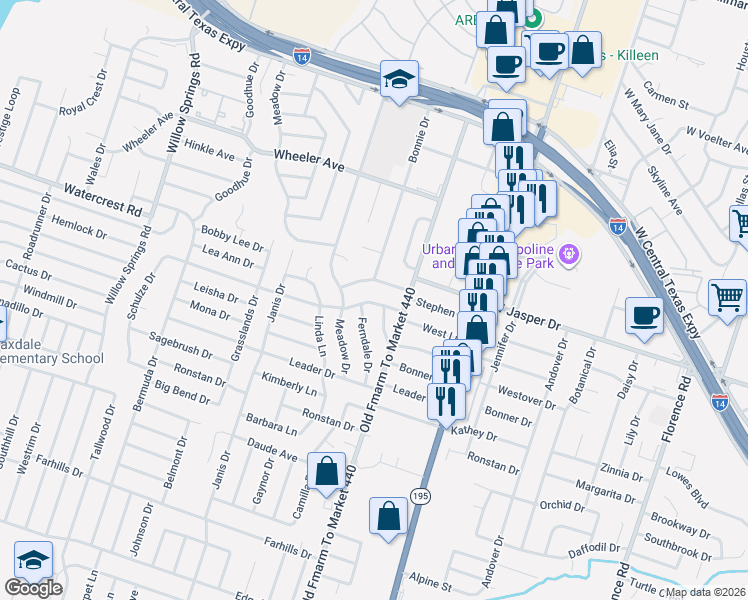 map of restaurants, bars, coffee shops, grocery stores, and more near 1502 Stephen Street in Killeen