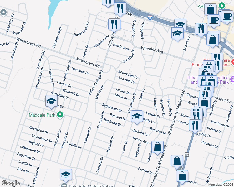 map of restaurants, bars, coffee shops, grocery stores, and more near 1803 Leisha Drive in Killeen