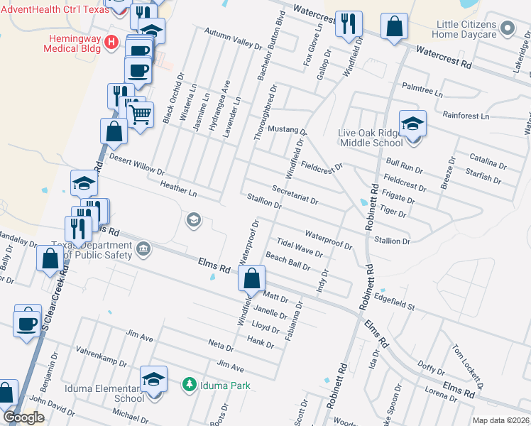 map of restaurants, bars, coffee shops, grocery stores, and more near 4509 Stallion Drive in Killeen