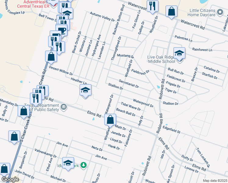 map of restaurants, bars, coffee shops, grocery stores, and more near 4509 Stallion Drive in Killeen