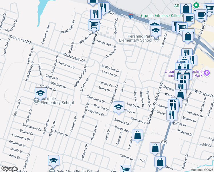 map of restaurants, bars, coffee shops, grocery stores, and more near 1704 Leisha Drive in Killeen