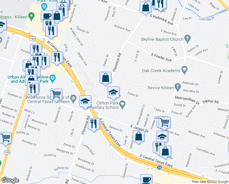 map of restaurants, bars, coffee shops, grocery stores, and more near 207D Lydia Drive in Killeen