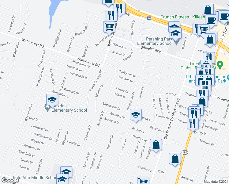 map of restaurants, bars, coffee shops, grocery stores, and more near 1801 Mona Drive in Killeen