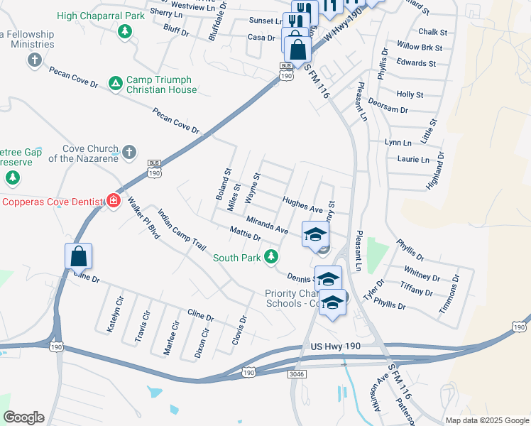 map of restaurants, bars, coffee shops, grocery stores, and more near 1604 Donna Avenue in Copperas Cove