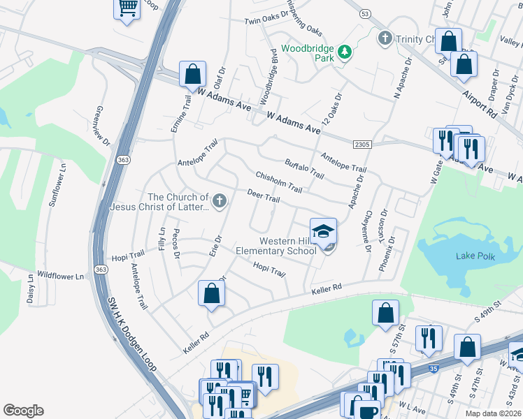 map of restaurants, bars, coffee shops, grocery stores, and more near 401 Dakota Drive in Temple
