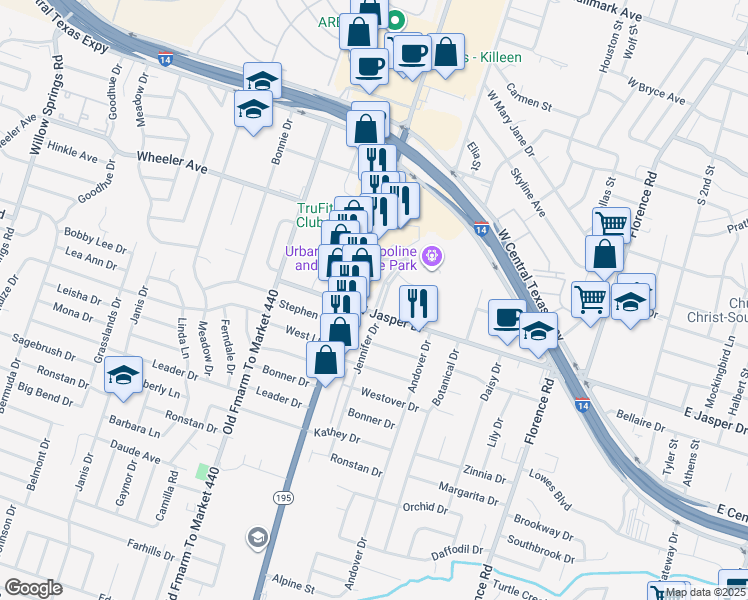 map of restaurants, bars, coffee shops, grocery stores, and more near 1404 South Fort Hood Street in Killeen