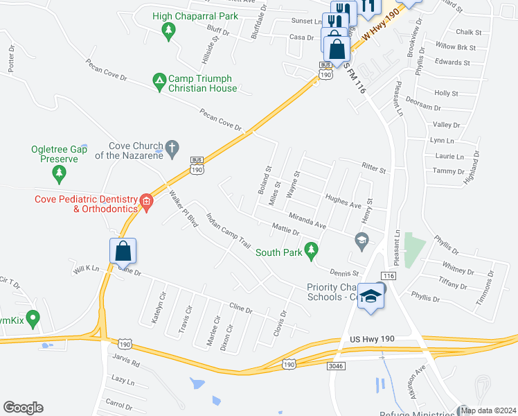 map of restaurants, bars, coffee shops, grocery stores, and more near 1808 Miranda Avenue in Copperas Cove