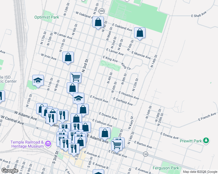 map of restaurants, bars, coffee shops, grocery stores, and more near 814 South 4th Street in Temple