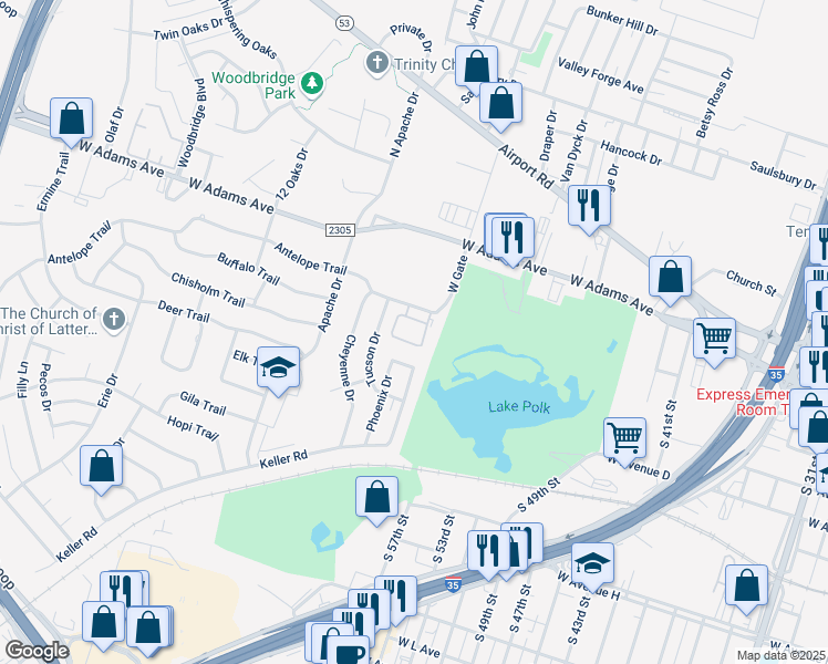 map of restaurants, bars, coffee shops, grocery stores, and more near 908 East Avenue B in Temple