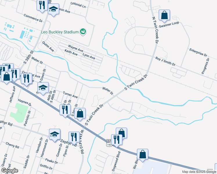 map of restaurants, bars, coffee shops, grocery stores, and more near 4201 Water Street in Killeen