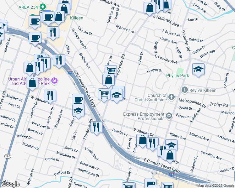 map of restaurants, bars, coffee shops, grocery stores, and more near 1609 Van Zanten Drive in Killeen