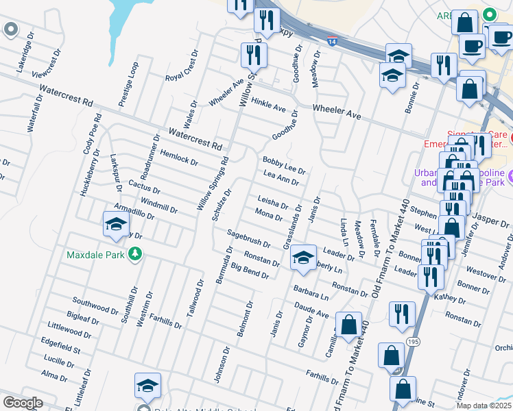 map of restaurants, bars, coffee shops, grocery stores, and more near 1803 Leisha Drive in Killeen