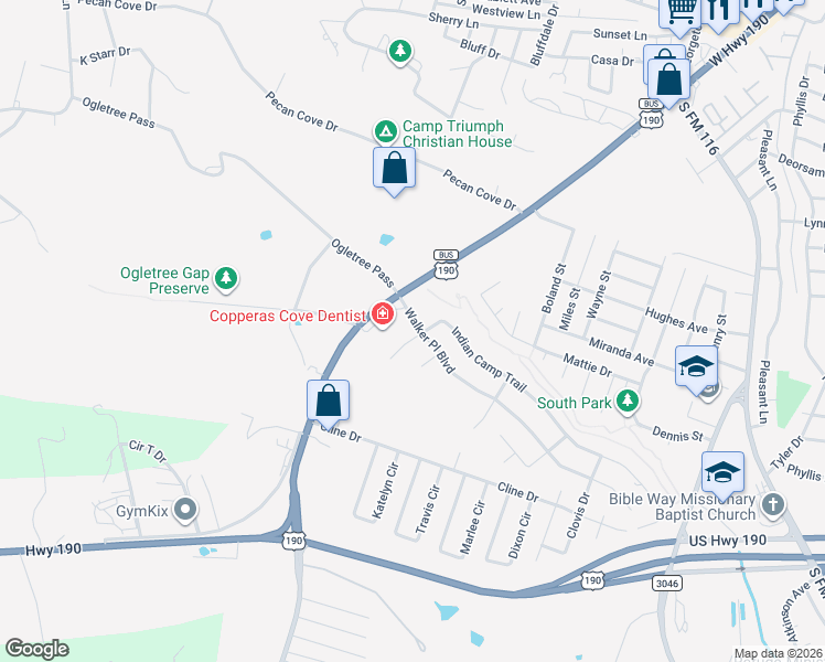 map of restaurants, bars, coffee shops, grocery stores, and more near 2301 Walker Place Boulevard in Copperas Cove