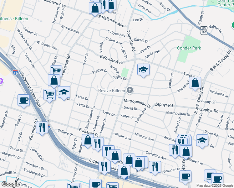 map of restaurants, bars, coffee shops, grocery stores, and more near 1301 Trimmier Road in Killeen