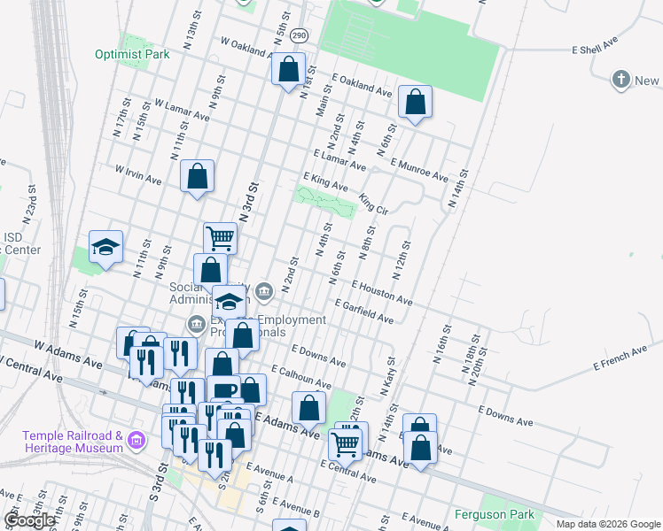 map of restaurants, bars, coffee shops, grocery stores, and more near 813 North 6th Street in Temple