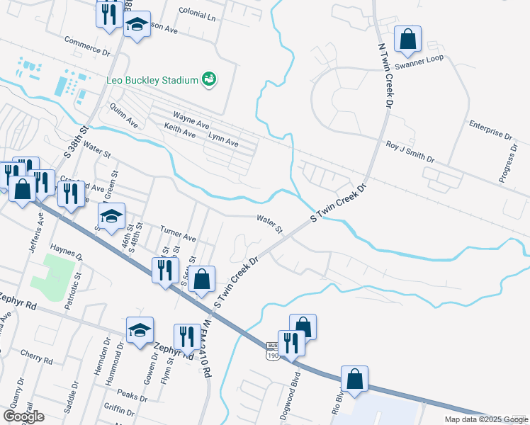 map of restaurants, bars, coffee shops, grocery stores, and more near 4201 Water Street in Killeen