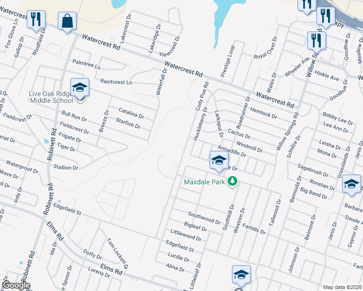 map of restaurants, bars, coffee shops, grocery stores, and more near 2605 Cody Poe Road in Killeen
