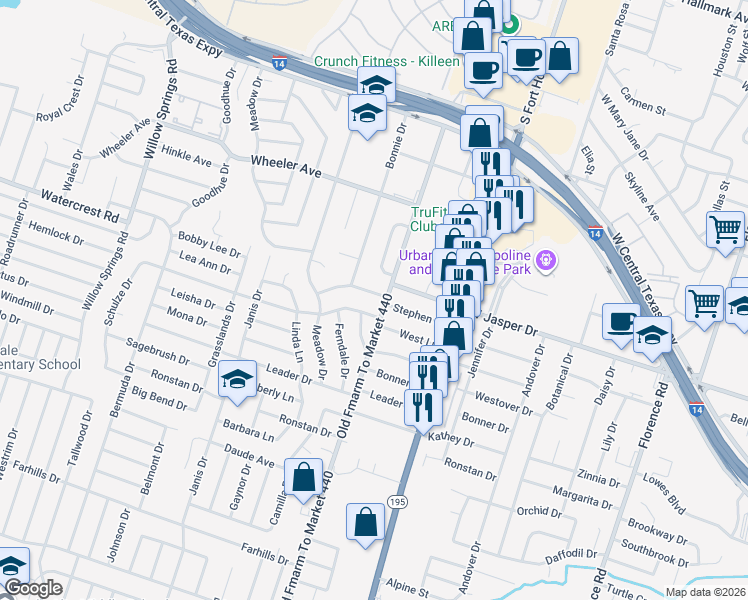 map of restaurants, bars, coffee shops, grocery stores, and more near 1405 Stephen Street in Killeen