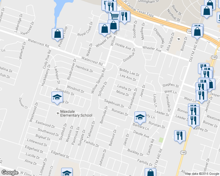 map of restaurants, bars, coffee shops, grocery stores, and more near 2508 Schulze Drive in Killeen