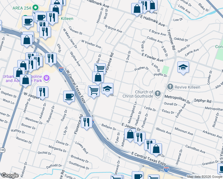 map of restaurants, bars, coffee shops, grocery stores, and more near 1608 Van Zanten Drive in Killeen