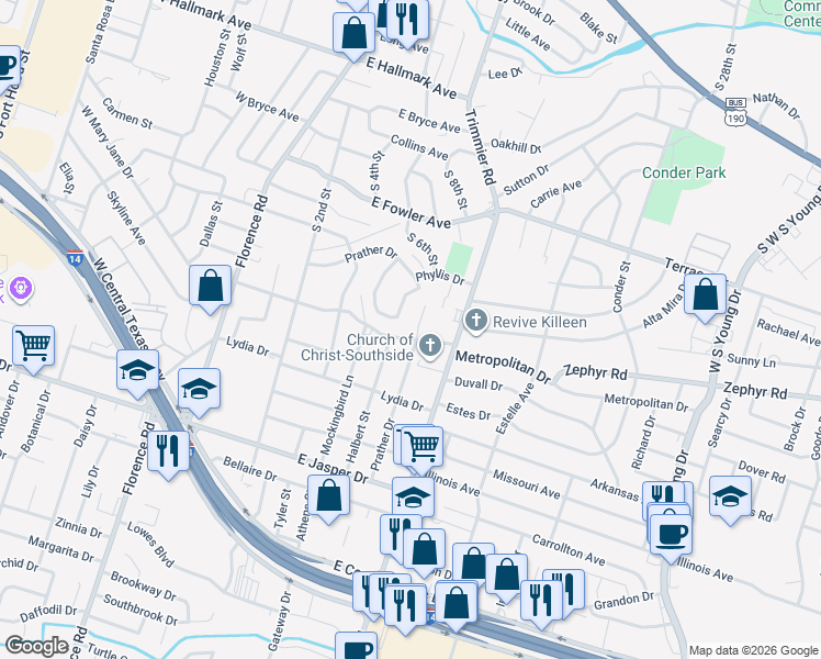 map of restaurants, bars, coffee shops, grocery stores, and more near 300 Crystal Drive in Killeen
