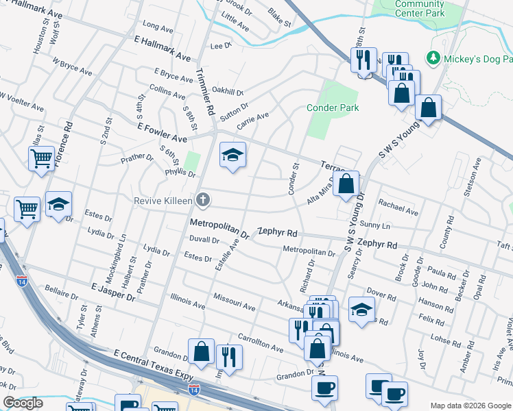 map of restaurants, bars, coffee shops, grocery stores, and more near 1304 Redondo Drive in Killeen
